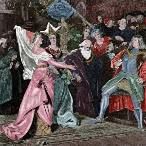 Emperor Maximilian I (1459-1519) asking marys hand. Engravi
