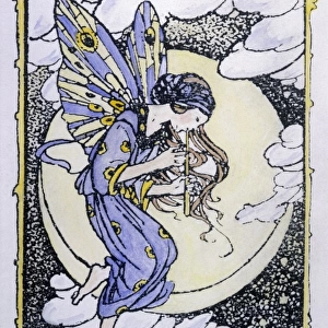 A fairy flies in front of the Moon