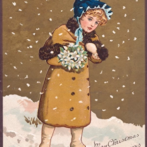Girl in the snow on a Christmas card