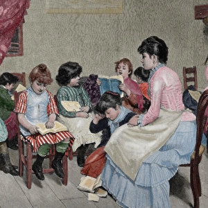 Girls school. Engraving, 19th century. La Ilustracion Espa
