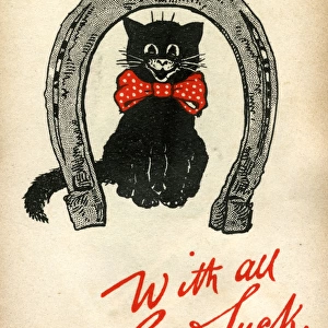 Good Luck card, black cat in a horseshoe