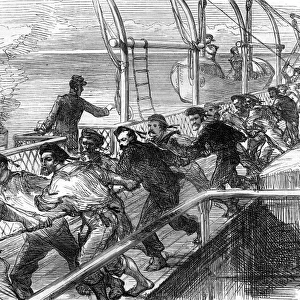 The hauling up of a lifeboat on HMS Serapis, 1875