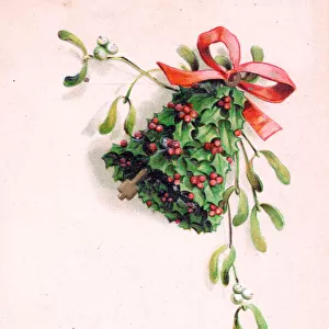 Holly and mistletoe with bell on a Christmas postcard