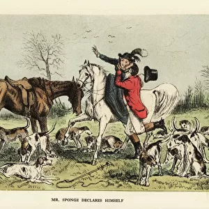 Huntsman in hunting pinks embracing a woman on a horse