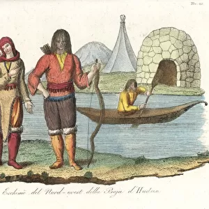 Inuit family, and man in kayak in front of igloo and teepee