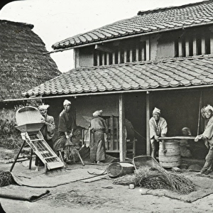 Japan - A Farmhouse : sifting and threshing rice