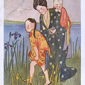 Japan - Woman her two children disturb a stork