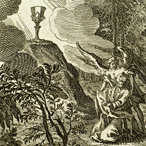 Jesus praying in the Garden of Gethsemane. An angel appears