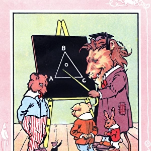 Lion teaches geometry to bear, mouse, pig and rabbit