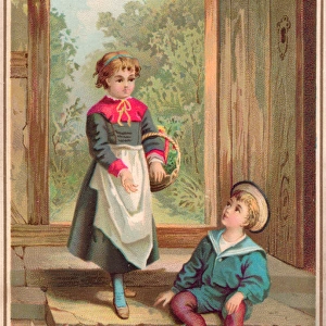 Little girl and boy with rabbits on a Christmas card