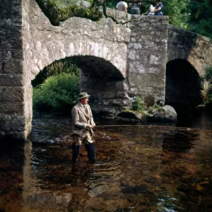 Man fishing, Fingle Bridge, Dartmoor National Park, Devon