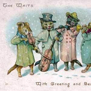 Four musical cats on a Christmas card