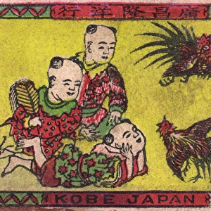Old Japanese Matchbox label with three men watching chickens