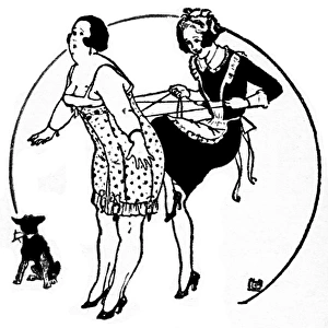 A portly lady is laced into her corset by her maid