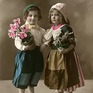Postcard, Dutch boy and girl with flowers