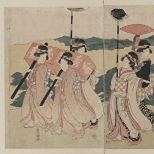 A procession of flowers before Mount Fuji