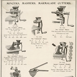 A selection of mincers, mashers and marmalade cutters