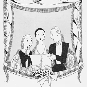 Sketch by Fish of three people in a theatre box