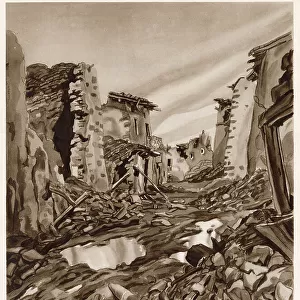 A small war-torn town during the Spanish Civil War, 1937. This illustration was made by an artist attached to Nationalist forces and may be a view of Brunete, which was the scene of extremely heavy fighting in July 1937. Date: 1937