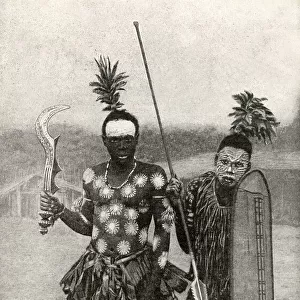 Spearman and battle axeman, Belgian Congo, Central Africa