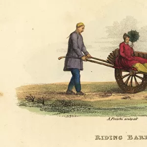 Tartar woman riding on a one-wheel barrow drawn by servants