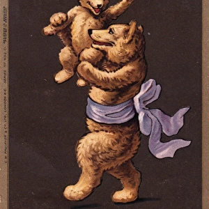 Teddy bear mother and child on a postcard