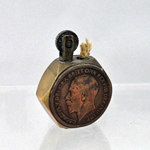Trench Art lighter, hexagonal with George V pennies