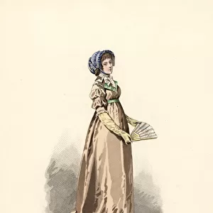 Woman in hazelnut-colour dress, fichu-chemise and blue hat