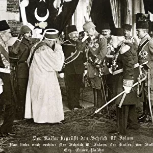 WW1 - The German Kaiser, Wilhelm II (1859-1941) meets the Shaykh al-Islam (Urguplu Mustafa Hayri Efendi 1867-1922) (Elder of Islam, Master of Islam), standing alongside Sultan Mehmed V (Mehmed Resad) (1844-1918)
