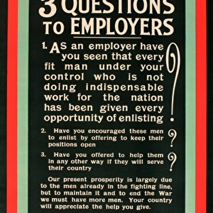 WWI Poster, Three Questions to Employers
