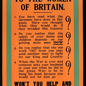 WWI Poster, To the Women of Britain