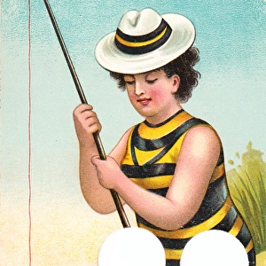 Young woman fishing on a German postcard