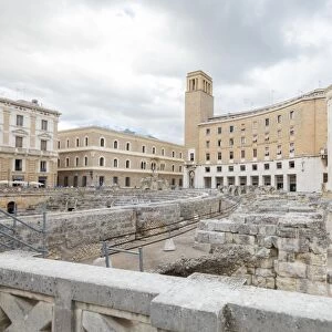 Ancient Roman ruins and historical buildings in the old town, Lecce, Apulia, Italy