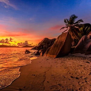 Anse Source d Argent Beach at sunset, La Digue, Seychelles, Indian Ocean, Africa
