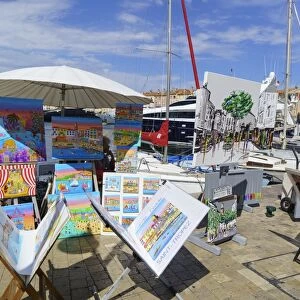 Art for sale by the harbour, Saint Tropez, Var, Cote d Azur, Provence, France, Mediterranean