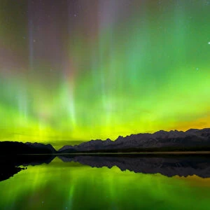 Aurora (Northern Lights) reflected in Lower Kananaskis Lake, Peter Laugheed Provincial Park