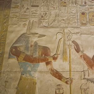 Bas-relief of the God Anubis on left and Ramses II on right, Temple of Seti I, Abydos