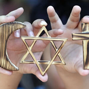Christianity, Islam, Judaism, the three monotheistic religions with symbols of Jewish