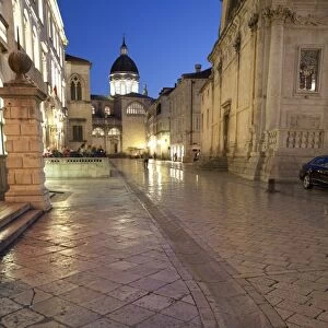 Dome of Cathedral illuminated at dusk, Old Town, UNESCO World Heritage Site, Dubrovnik, Croatia, Europe