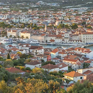Elevated view over the old town of Trogir at sunset, Trogir, Croatia, Europe