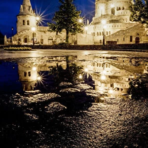 The Halaszbastya (Fishermans Bastion) at night, located in the Buda Castle