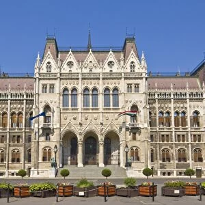The neo-gothic Hungarian Parliament building front entrance, designed by Imre Steindl