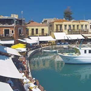 Old port and restaurants, Rethymnon, Crete, Greek Islands, Greece, Europe