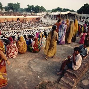 People and one of the stage sets, Ramlilla, the stage play of the Hindu epic the Ramayana