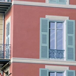 Pink house with trompe l oeil shuttered windows, Menton, Alpes-Maritimes