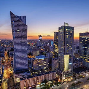 Skyscrapers at twilight, City Centre, Warsaw, Masovian Voivodeship, Poland, Europe