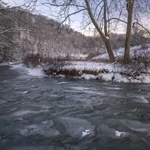 Snow covered landscape and icy river, Blue Ridge Mountains, North Carolina, United
