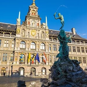 Stadhuis (city hall) and statue of Silvius Brabo on Grote Markt square, Antwerp, Flanders