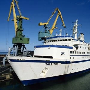 The Tallink Ferry moored in harbour, with cranes behind, Tallinn, Estonia