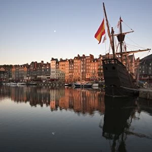Vieux Bassin looking to Saint Catherine Quay with replica galleon at dawn, Honfleur